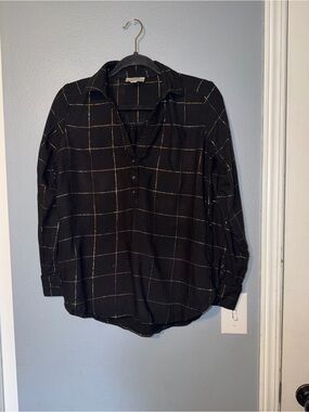 LOFT Black Windowpane Popover Shirt with Subtle Grid